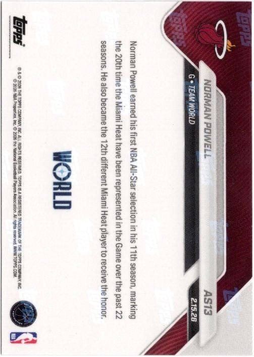 2025 Topps Now Norman Powell #AS13 Platinum Member Stamp 2026 NBA All Star 1st Selection Miami Heat Basketball Card