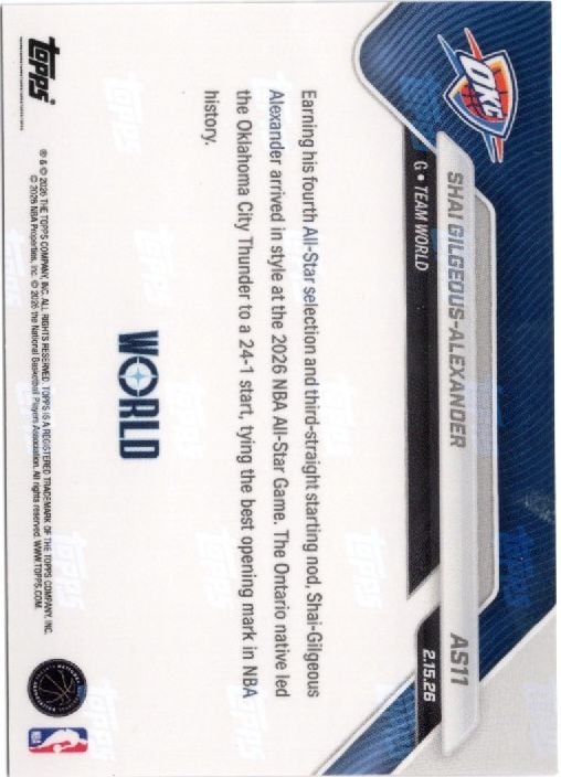 2025 Topps Now Shai Gilgeous-Alexander #AS11 Platinum Member Stamp 2026 NBA All Star 4th Selection Oklahoma City Thunder Basketball Card