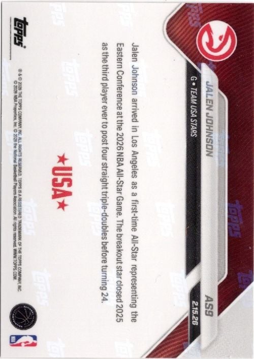2025 Topps Now Jalen Johnson #AS9 Platinum Member Stamp 2026 NBA All Star 1st Selection Atlanta Hawks Basketball Card