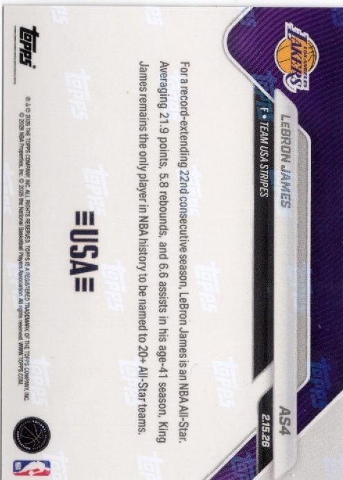 2025 Topps Now LeBron James #AS4 Platinum Member Stamp 2026 NBA All Star 22nd Selection Los Angeles Lakers Basketball Card