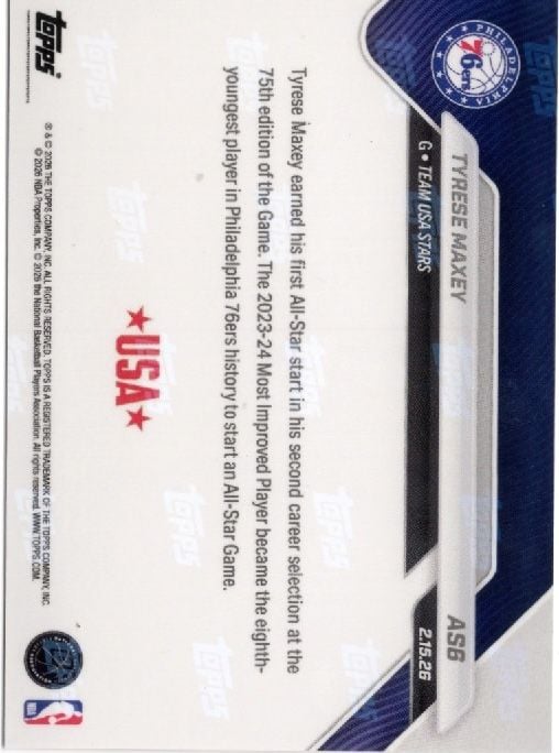 2025 Topps Now Tyrese Maxey #AS6 Platinum Member Stamp 2026 NBA All Star 2nd Selection Philadelphia 76ers Basketball Card