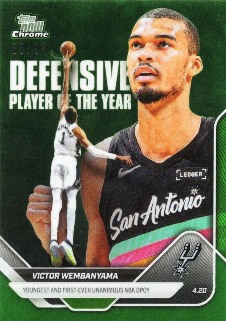 2025 Topps Now Victor Wembanyama #DPOY Green Chrome /99 Youngest & First Ever Unanimous DPOY San Antonio Spurs Basketball Card