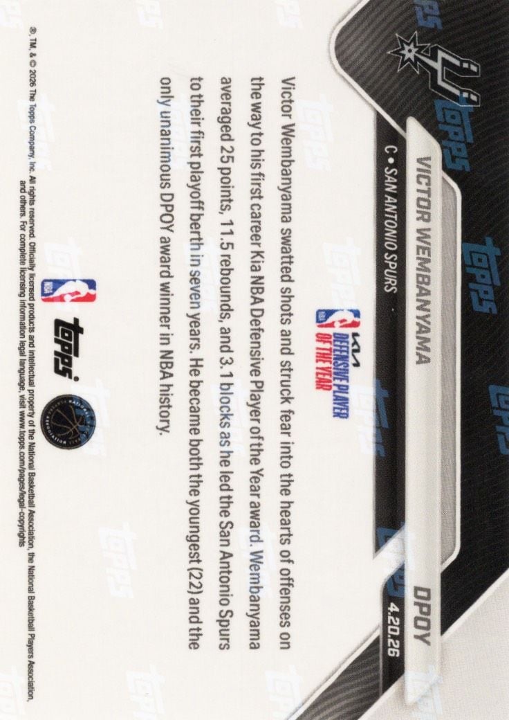 2025 Topps Now Victor Wembanyama #DPOY Green Chrome /99 Youngest & First Ever Unanimous DPOY San Antonio Spurs Basketball Card
