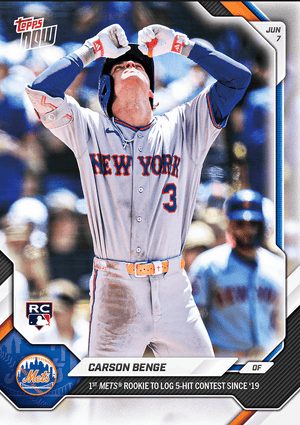 2026 Topps Now Carson Benge #301 1st Mets Rookie to Log 5 Hit Contest Since '19 New York Mets Rookie RC Baseball Card