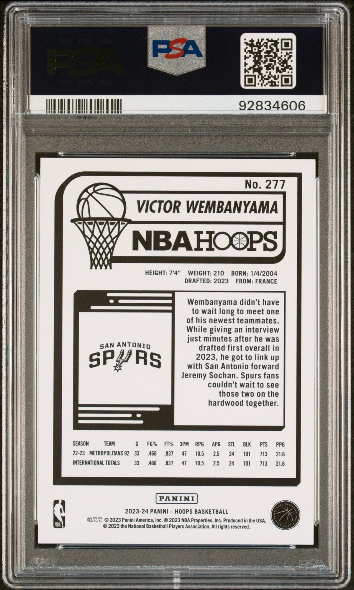 Graded 2023 Panini Hoops Victor Wembanyama #277 Winter Rookie RC Basketball Card PSA 10 Gem Mint