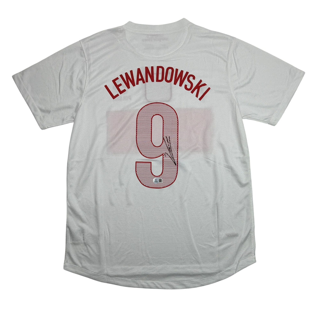 Autographed/Signed Robert Lewandowski Poland White Soccer Futbol Jersey Beckett BAS COA