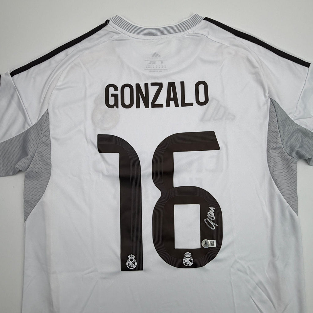 Autographed/Signed Gonzalo Garcia Real Madrid White Soccer Futbol Jersey Beckett BAS COA