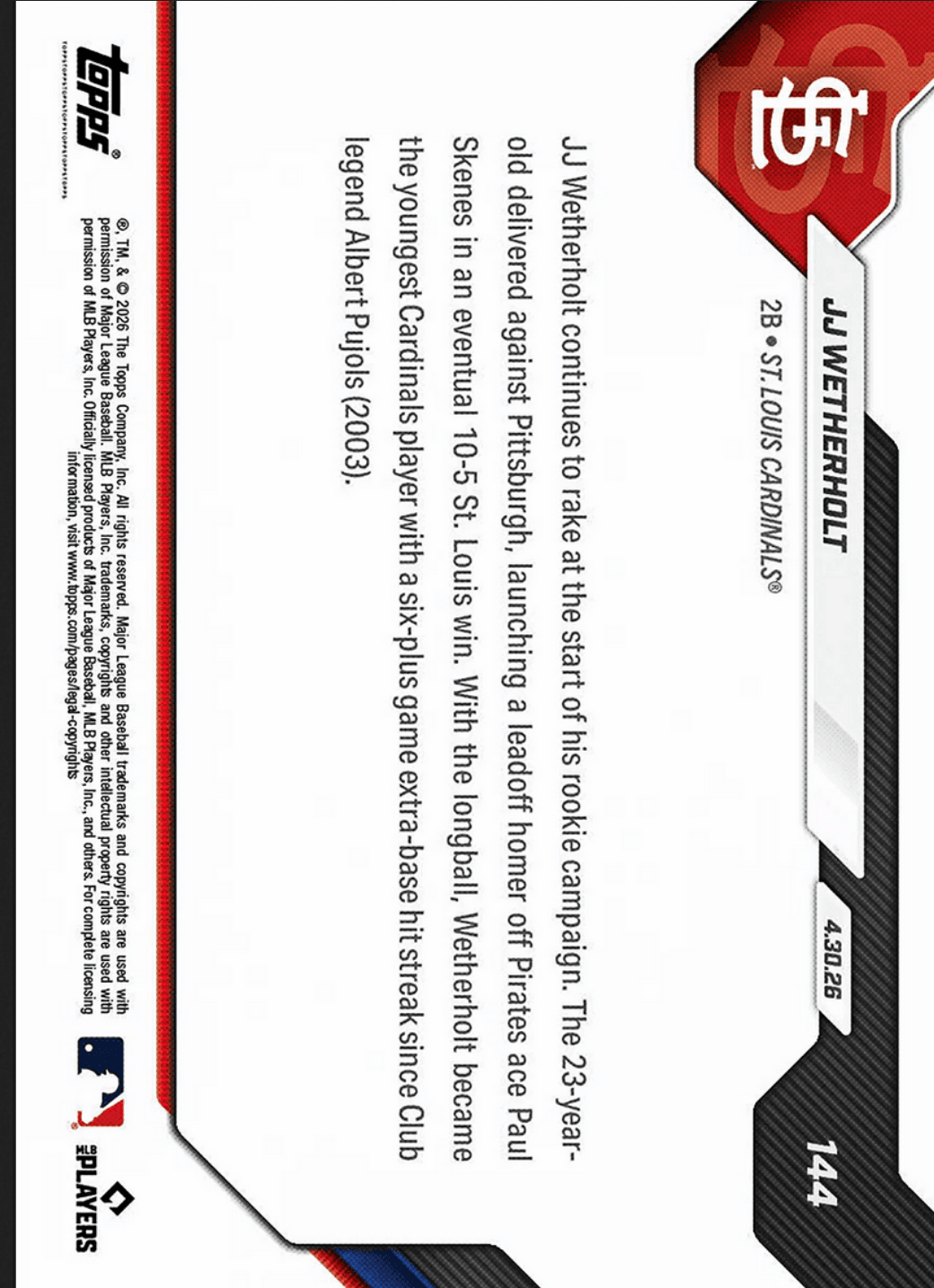 2026 Topps Now JJ Wetherholt #144 Black Foil /10 Leadoff Blast Cements Cardinals XBH Lore St Louis Cardinals Rookie RC Baseball Card