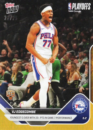 2025 Topps Now VJ Edgecombe #289 Orange Foil /25 Youngest Guard Ever with 20+ Points in Game 7 Performance Philadelphia 76ers Rookie RC Basketball Card