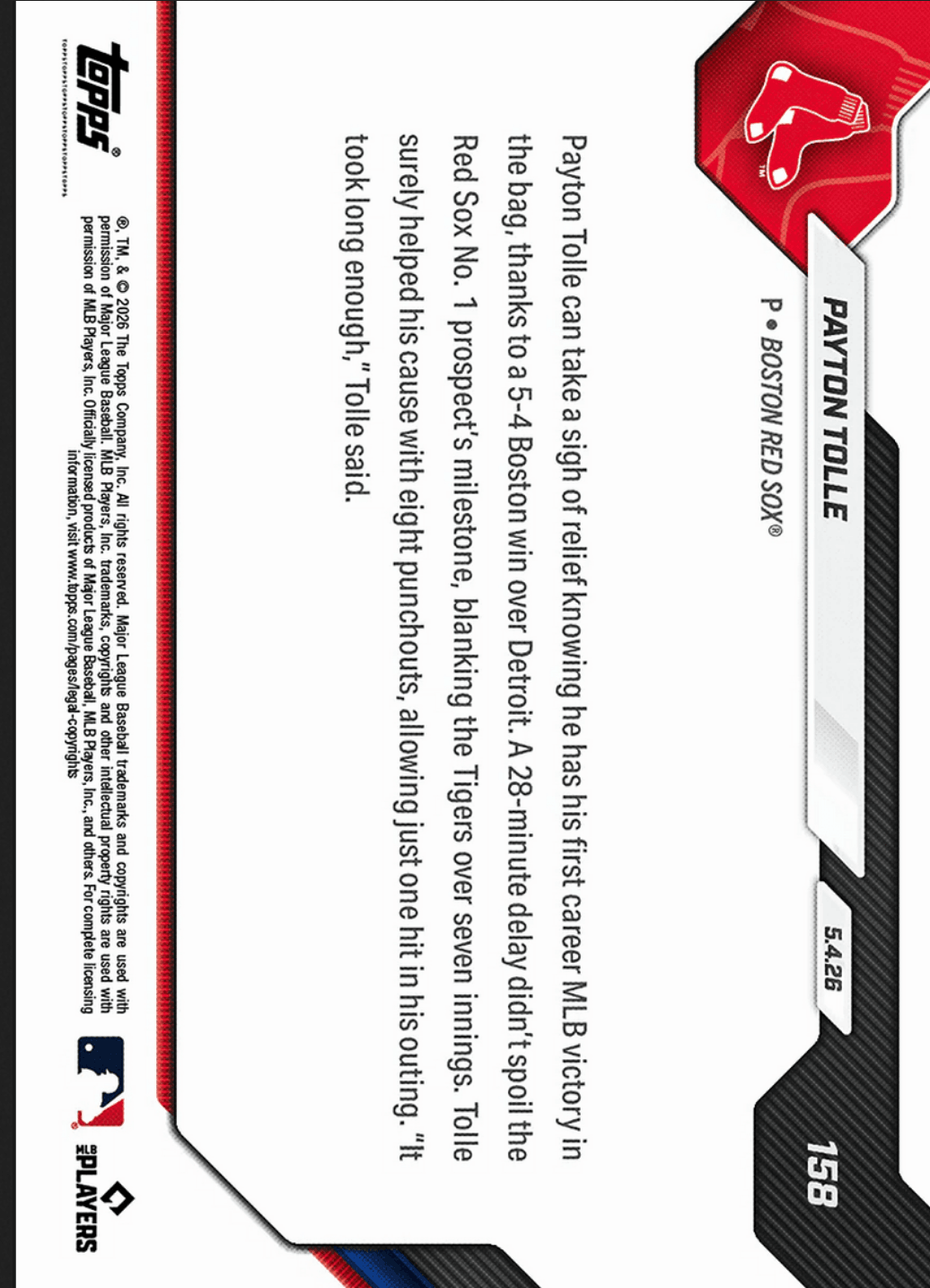 2026 Topps Now Payton Tolle #158 Black Foil /10 7 Scoreless Frames, 8Ks Collect 1st MLB Win Boston Red Sox Rookie RC Baseball Card
