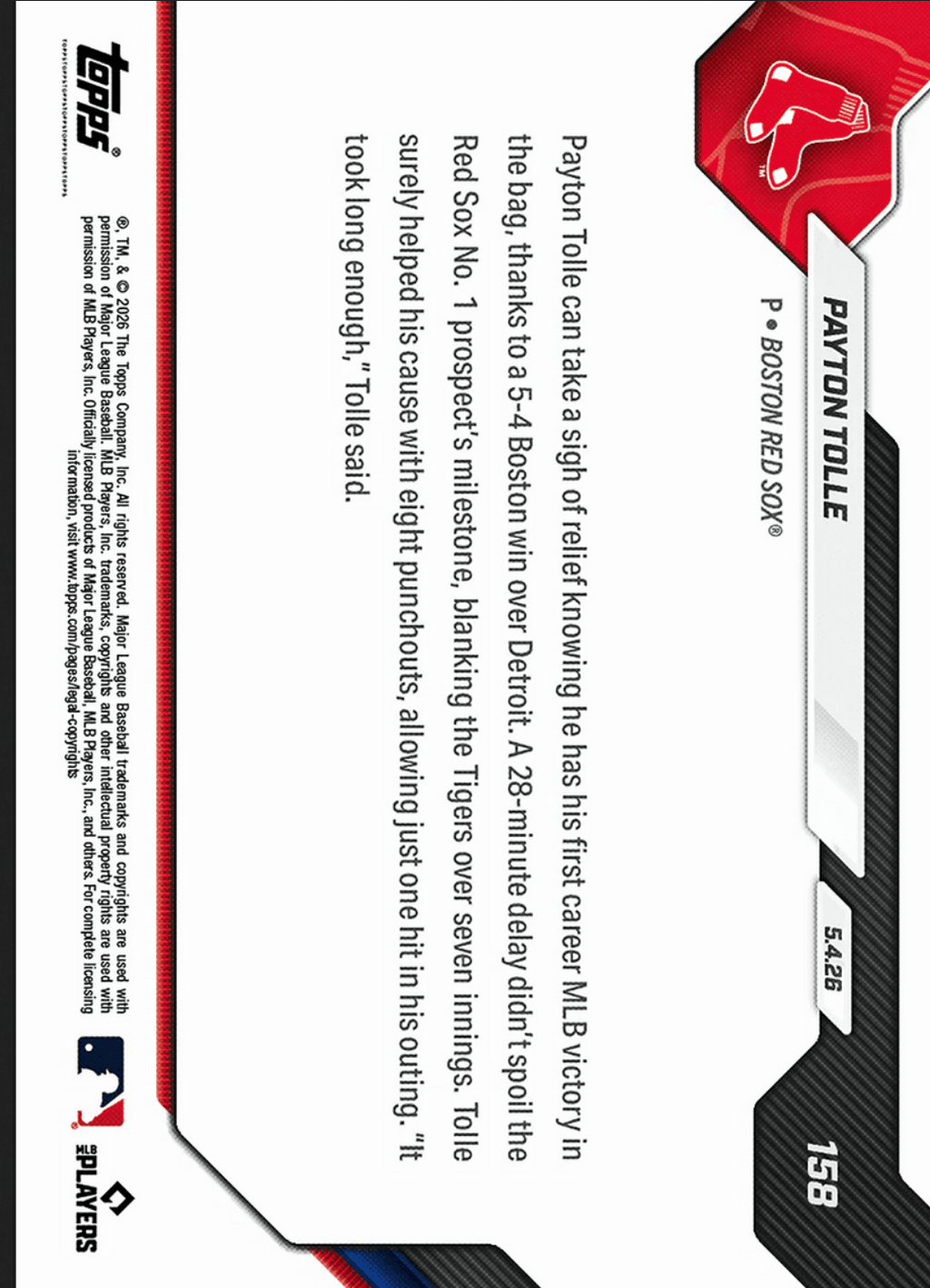 2026 Topps Now Payton Tolle #158 Orange Foil /25 7 Scoreless Frames, 8Ks Collect 1st MLB Win Boston Red Sox Rookie RC Baseball Card
