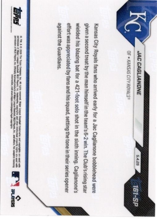 2026 Topps Now Jac Caglianone #161SP Blazing Bat Shines with Home Run on Bobblehead Night Kansas City Royals Rookie RC Baseball Card