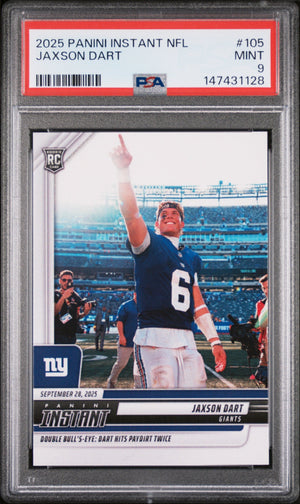Graded 2025 Panini Instant Jaxson Dart #105 Rookie RC Football Card PSA 9 Mint