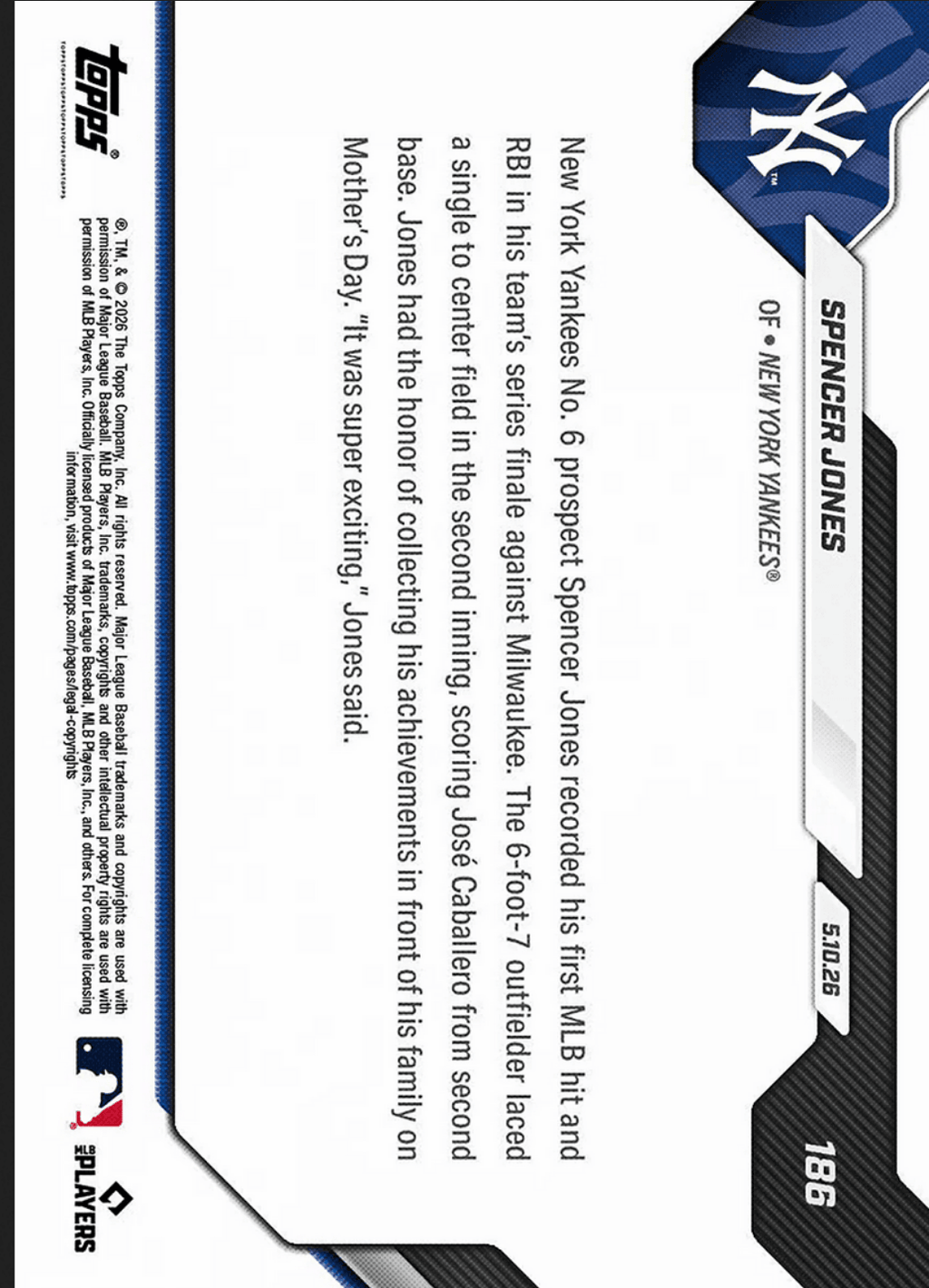 2026 Topps Now Spencer Jones #186 Gold Foil /50 Yankees Number 6 Prospect Logs 1st MLB Hit and RBI New York Yankees Rookie RC Baseball Card
