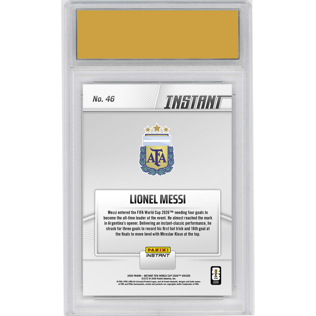 Graded 2026 Panini Instant FIFA World Cup Lionel Messi #46 Hats Off: Magical Messi Ties Goals Record Argentina Soccer Card HOFSM 10 Gem Mint