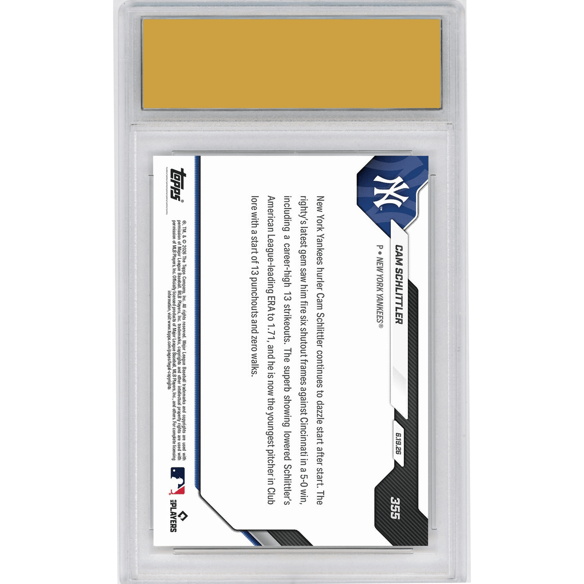 Graded 2026 Topps Now Cam Schlittler #355 Career Best 13K Start Makes Yankees History New York Yankees Rookie RC Baseball Card HOFSM 10 Gem Mint