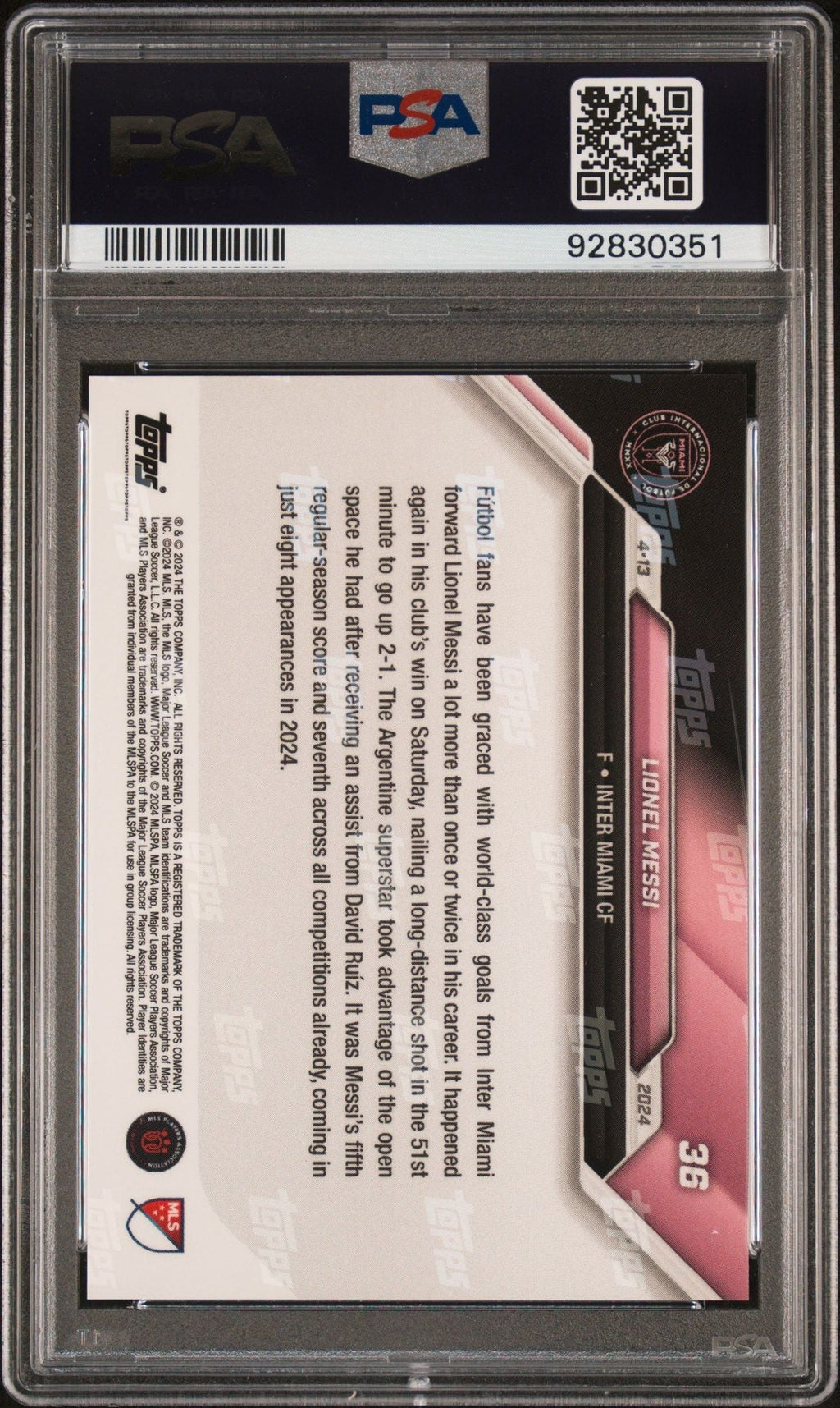Graded 2024 Topps Now MLS Lionel Messi #36 Jaw-Dropping Golazo Soccer Card PSA 10 Gem Mint