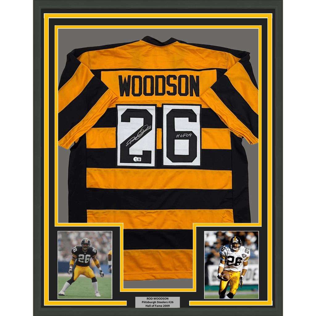 Framed Autographed/Signed Rod Woodson 35x39 HOF 09 Pittsburgh Bumbe Bee Football Jersey Beckett BAS COA