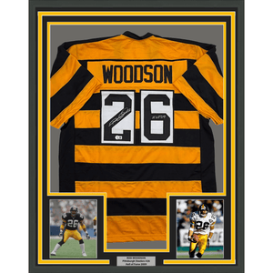 Framed Autographed/Signed Rod Woodson 35x39 HOF 09 Pittsburgh Bumbe Bee Football Jersey Beckett BAS COA