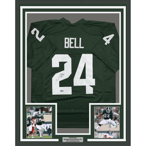 Framed Autographed/Signed Le'Veon LeVeon Bell 35x39 Michigan State Green College Football Jersey Beckett BAS COA