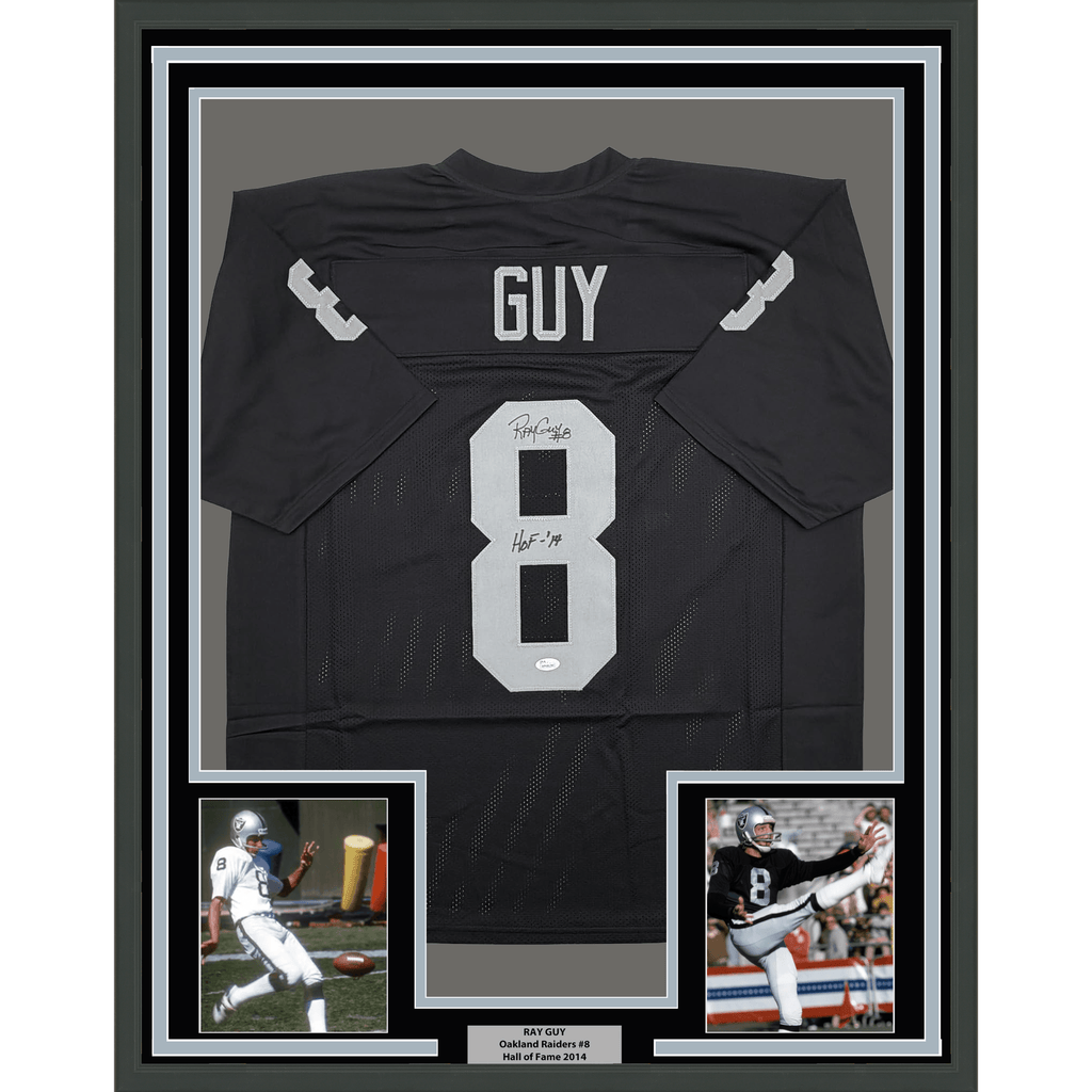 Framed Autographed/Signed Ray Guy HOF 14 35x39 Oakland Las Vegas Black Football Jersey JSA COA