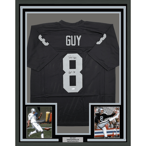 Framed Autographed/Signed Ray Guy HOF 14 35x39 Oakland Las Vegas Black Football Jersey JSA COA