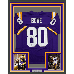 Framed Autographed/Signed Dwayne Bowe 35x39 LSU Purple College Football Jersey Beckett BAS COA