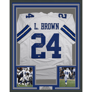 Framed Autographed/Signed Larry Brown 35x39 SB MVP Dallas White Football Jersey JSA COA