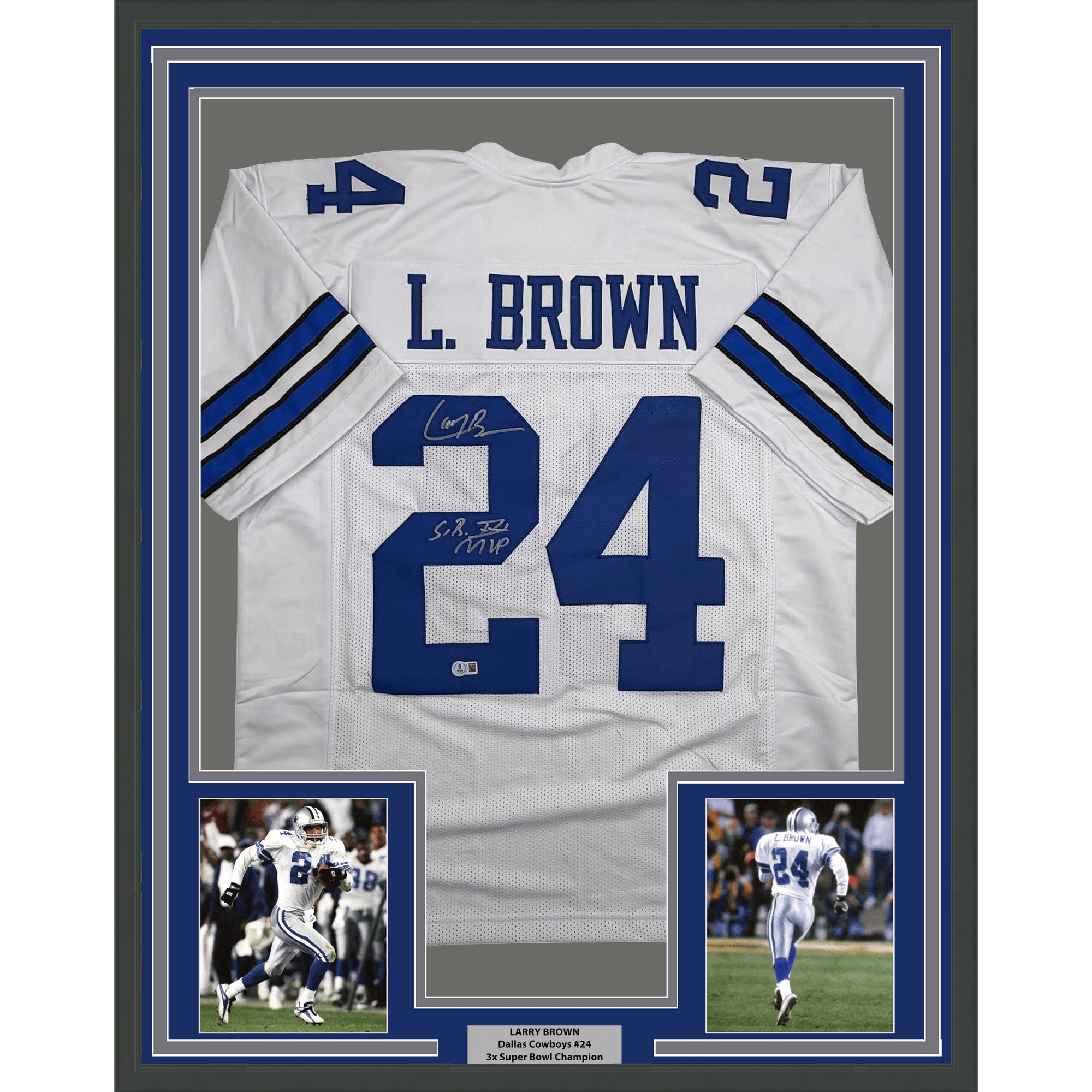 Framed Autographed/Signed Larry Brown 35x39 SB MVP Dallas White Football Jersey JSA COA