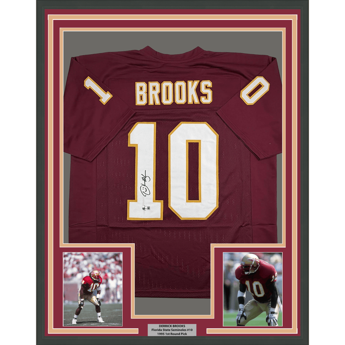 Framed Autographed/Signed Derrick Brooks 35x39 Florida State FSU Maroon College Football Jersey Beckett BAS COA