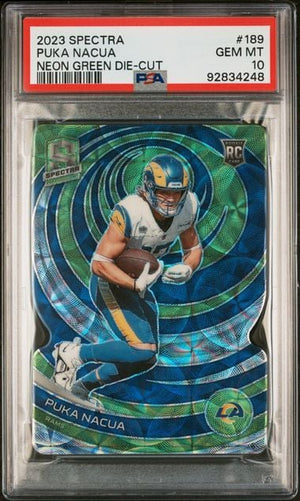 Graded 2023 Panini Spectra Puka Nacua #189 Neon Green Die Cut /30 Rookie RC Football Card PSA 10 Gem Mint