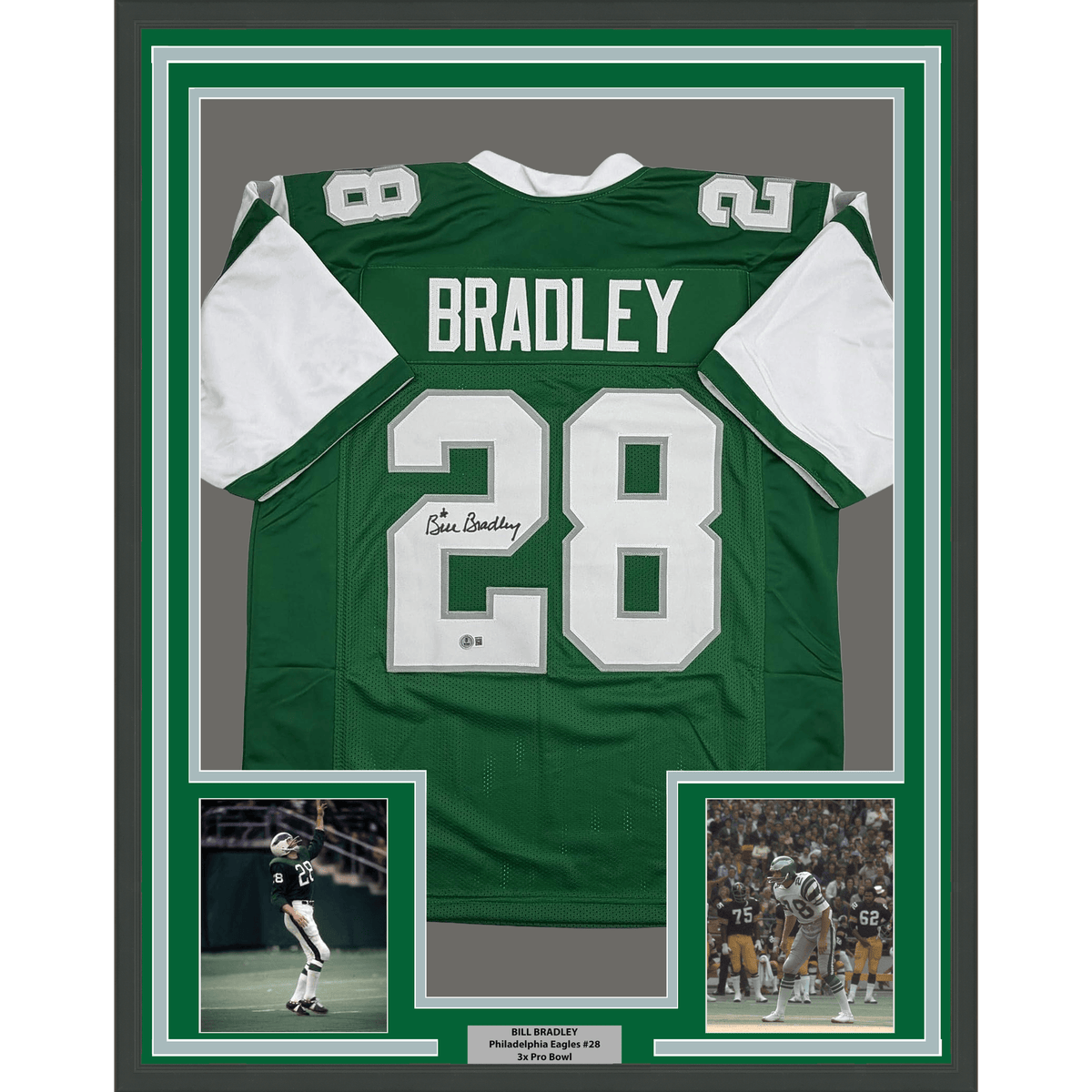 Framed Autographed/Signed Bill Bradley 35x39 Philadelphia Kelly Green Football Jersey Beckett BAS COA