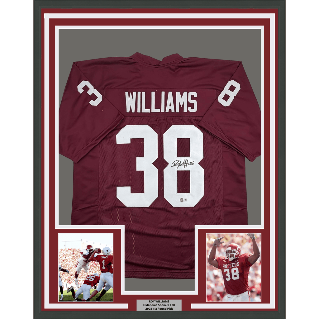 Framed Autographed/Signed Roy Williams 35x39 Oklahoma Maroon College Football Jersey Beckett BAS COA