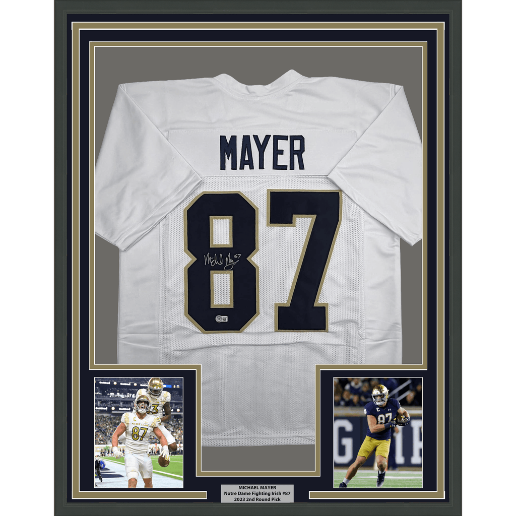 Framed Autographed/Signed Michael Mayer 35x39 Notre Dame White College Football Jersey Beckett BAS COA