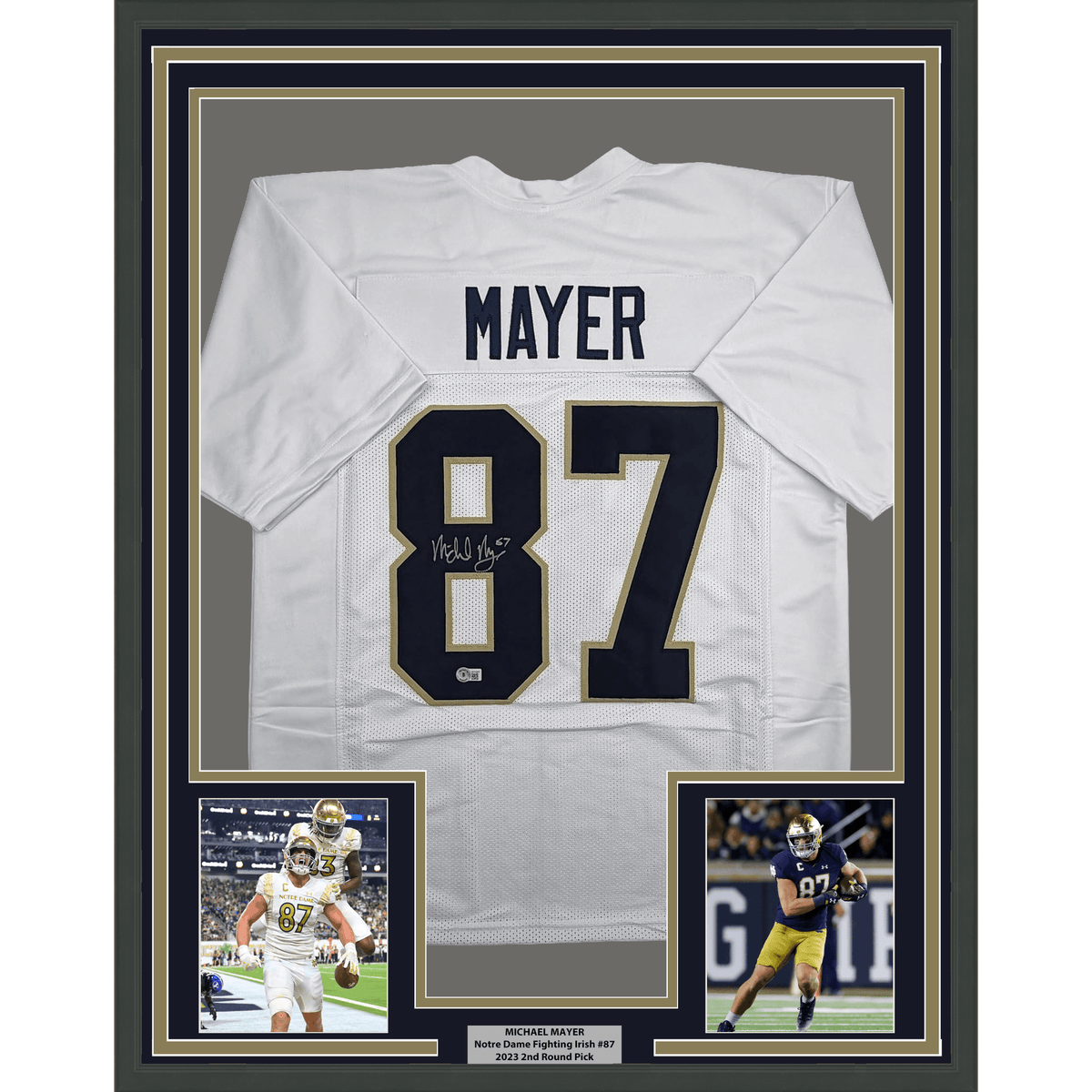 Framed Autographed/Signed Michael Mayer 35x39 Notre Dame White College Football Jersey Beckett BAS COA