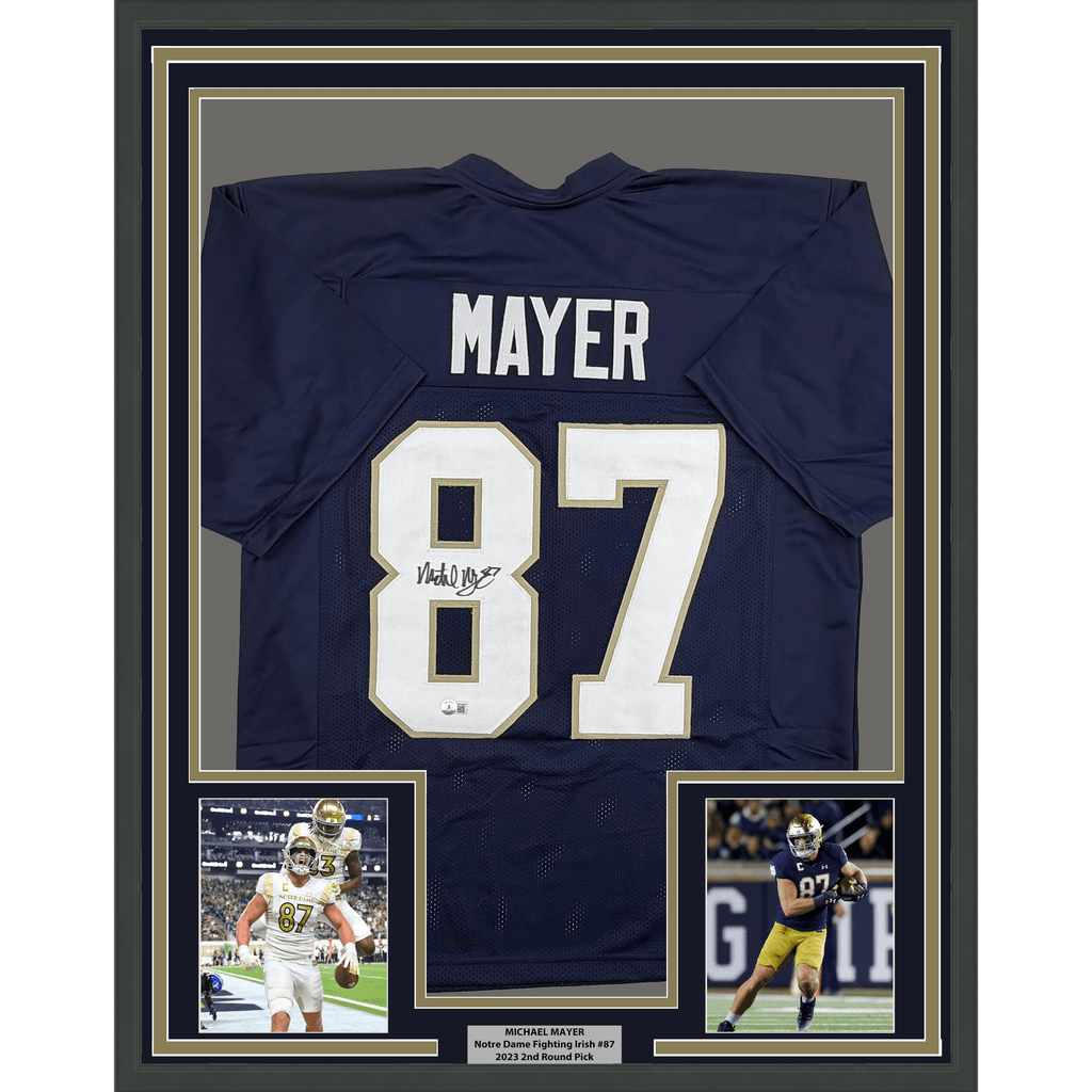 Framed Autographed/Signed Michael Mayer 35x39 Notre Dame Blue College Football Jersey Beckett BAS COA