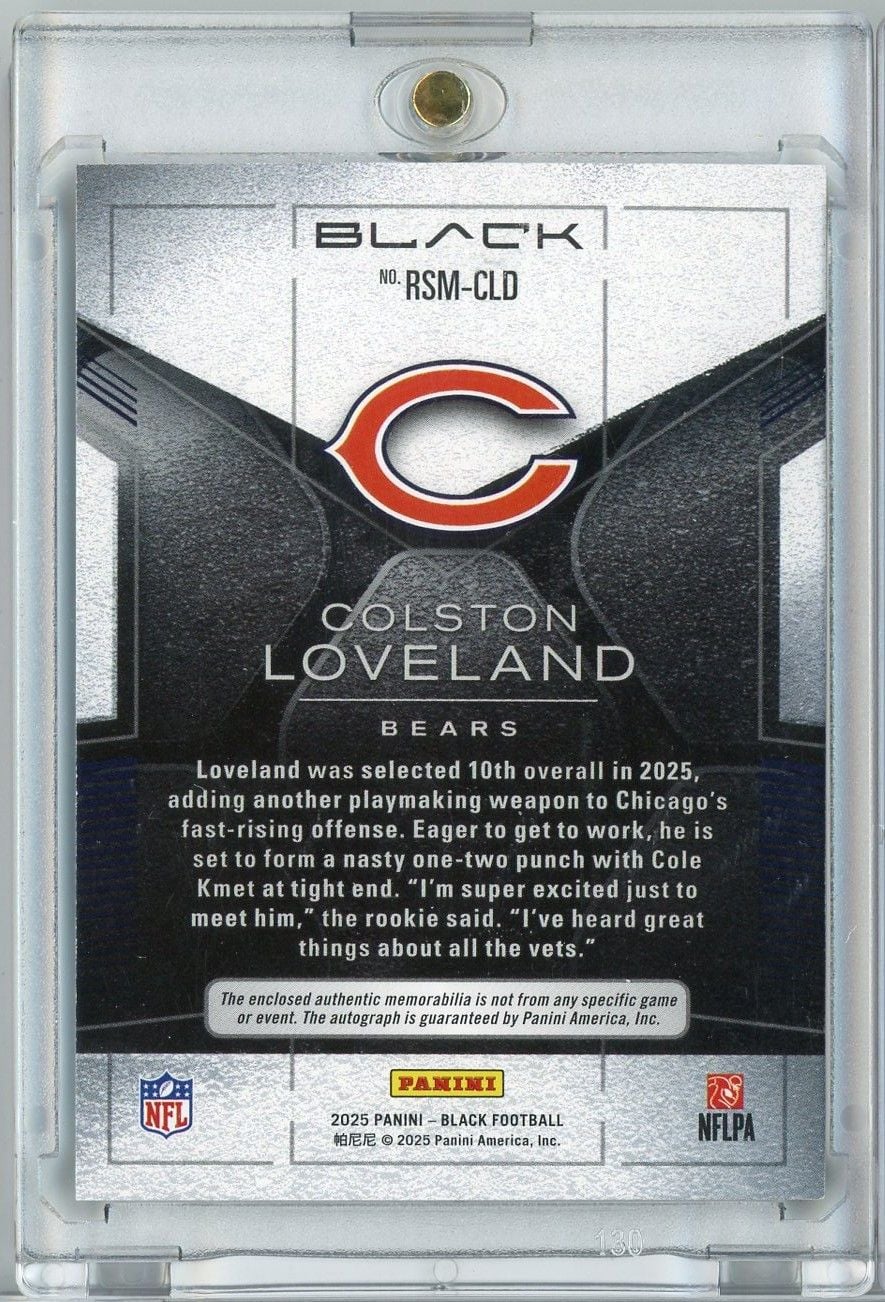 2025 Panini Black Colston Loveland #RSMCLD Purple RPA Auto /99 Rookie RC Football Card