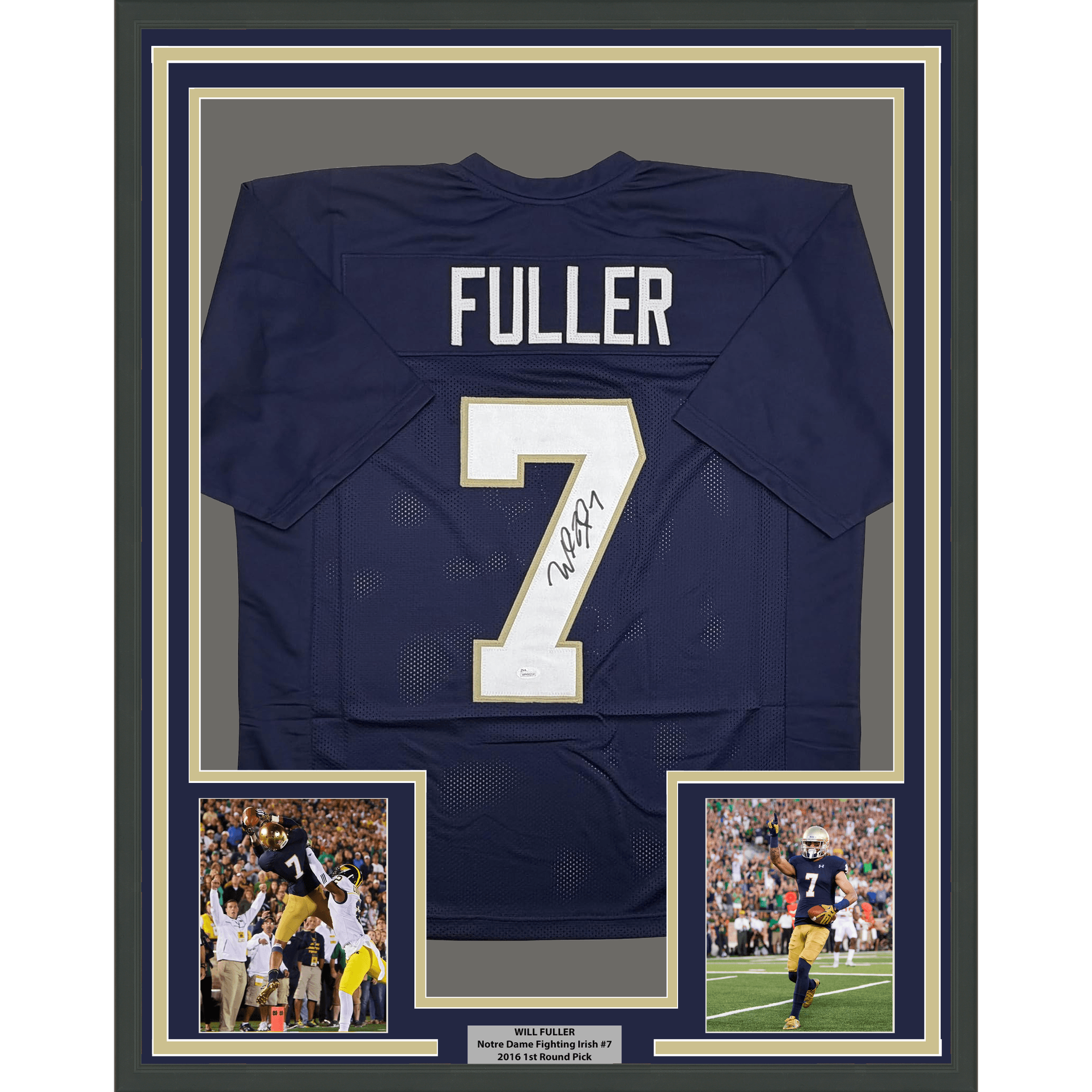 Framed Autographed/Signed Will Fuller 35x39 Notre Dame Blue College Football Jersey JSA COA