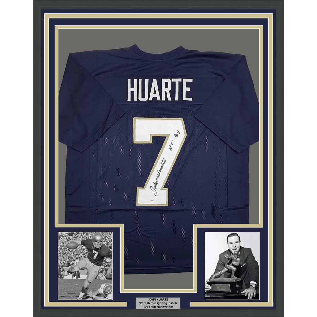 Framed Autographed/Signed John Huarte 35x39 HT 64 Notre Dame Blue College Football Jersey JSA COA