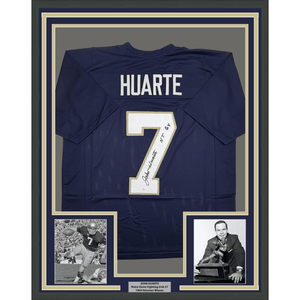 Framed Autographed/Signed John Huarte 35x39 HT 64 Notre Dame Blue College Football Jersey JSA COA