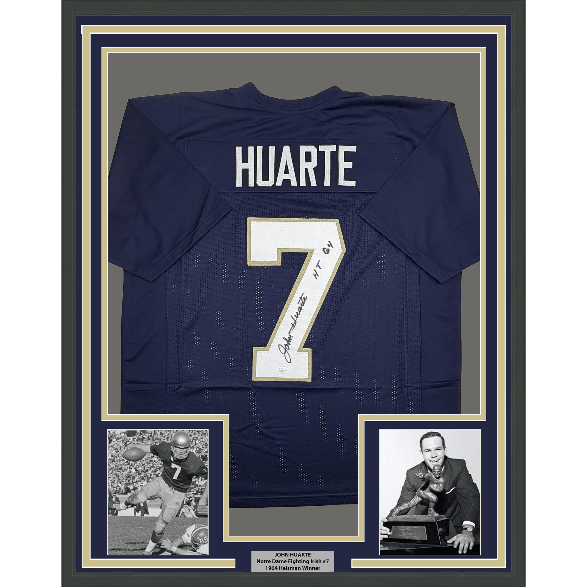 Framed Autographed/Signed John Huarte 35x39 HT 64 Notre Dame Blue College Football Jersey JSA COA