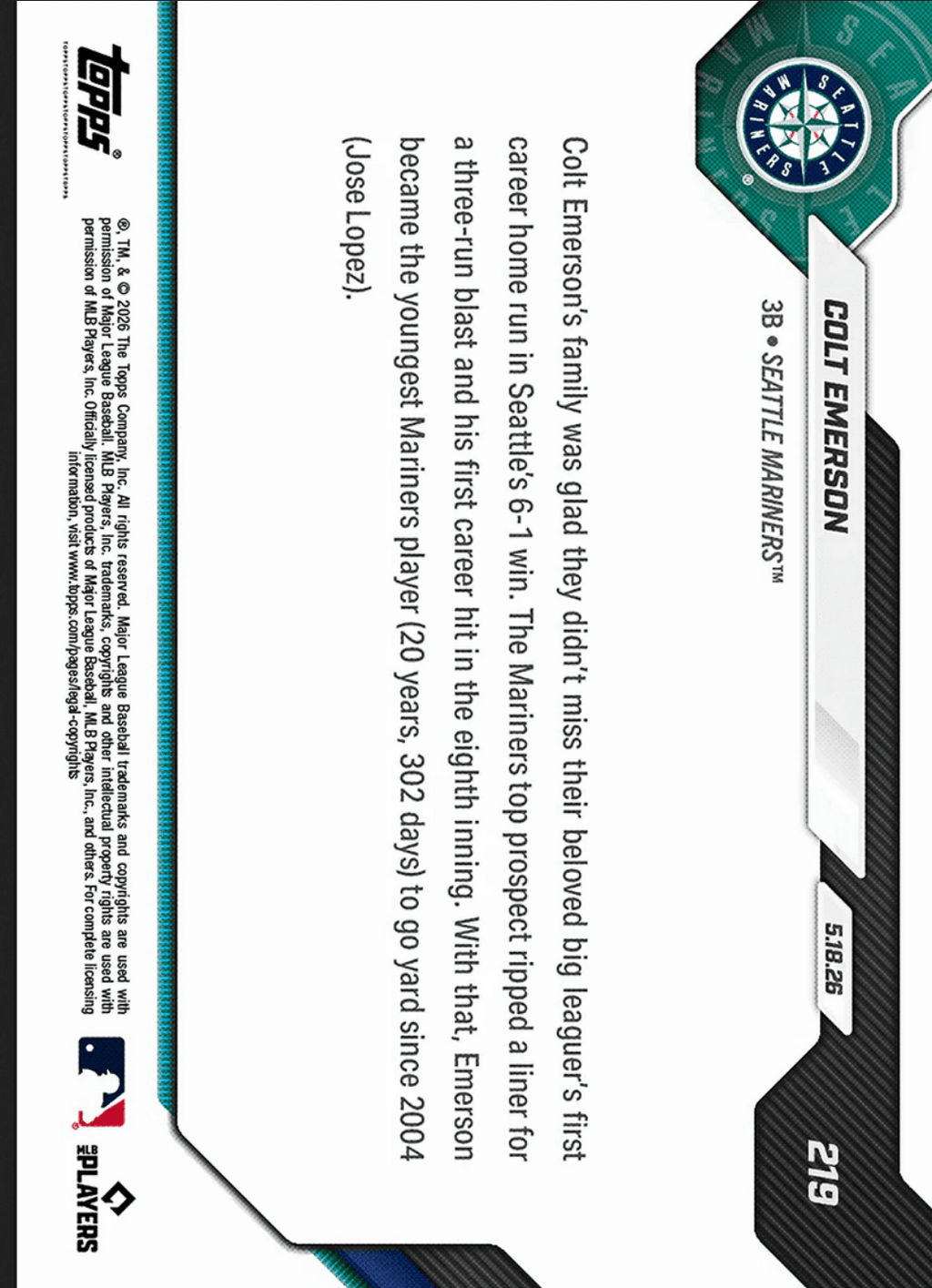 2026 Topps Now Colt Emerson #219 Orange Foil /25 1st MLB Hit is 3 Run Home Run For Number 1 Prospect Seattle Mariners Rookie RC Baseball Card