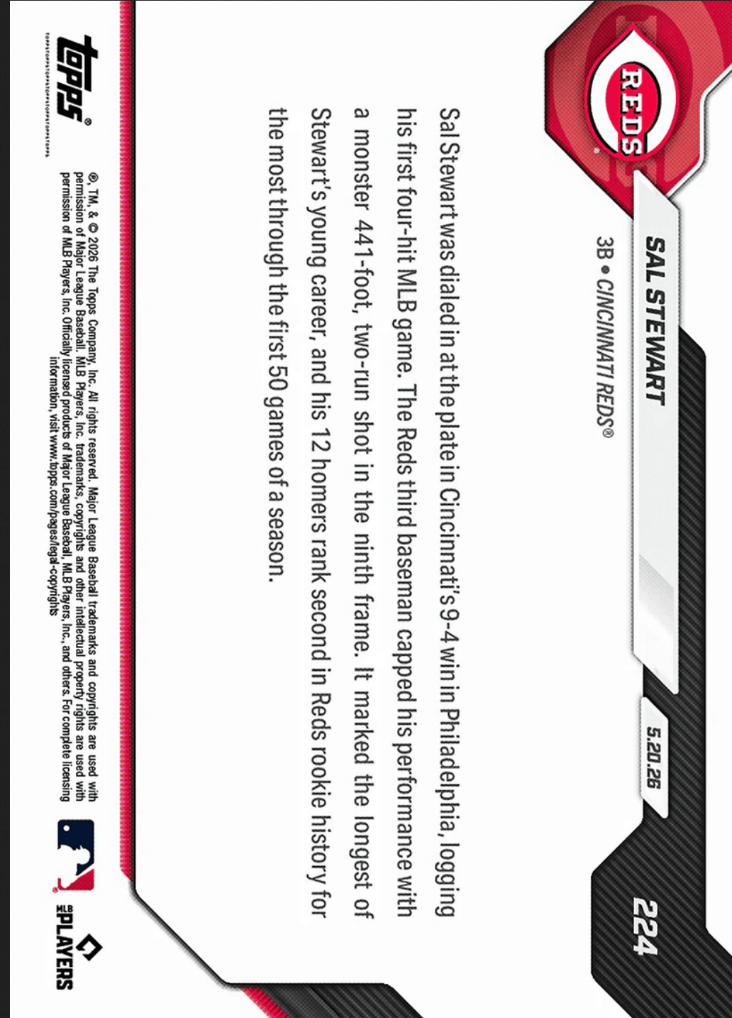 2026 Topps Now Sal Stewart #224 Black Foil /10 441 Foot Moonshot Secures 1st 4 Hit MLB Game in Win Cincinnati Reds Rookie RC Baseball Card