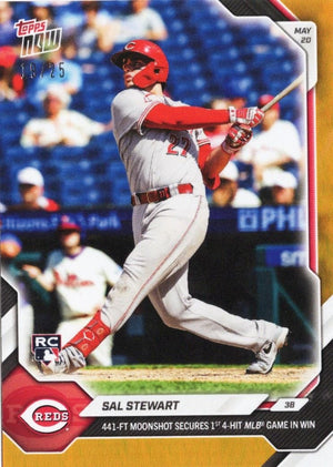 2026 Topps Now Sal Stewart #224 Orange Foil /25 441 Foot Moonshot Secures 1st 4 Hit MLB Game in Win Cincinnati Reds Rookie RC Baseball Card