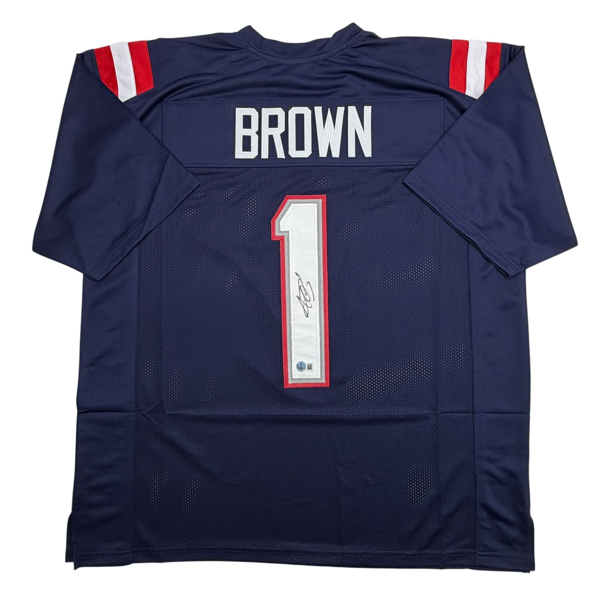Autographed/Signed AJ A.J. Brown New England Blue Football Jersey Beckett BAS COA