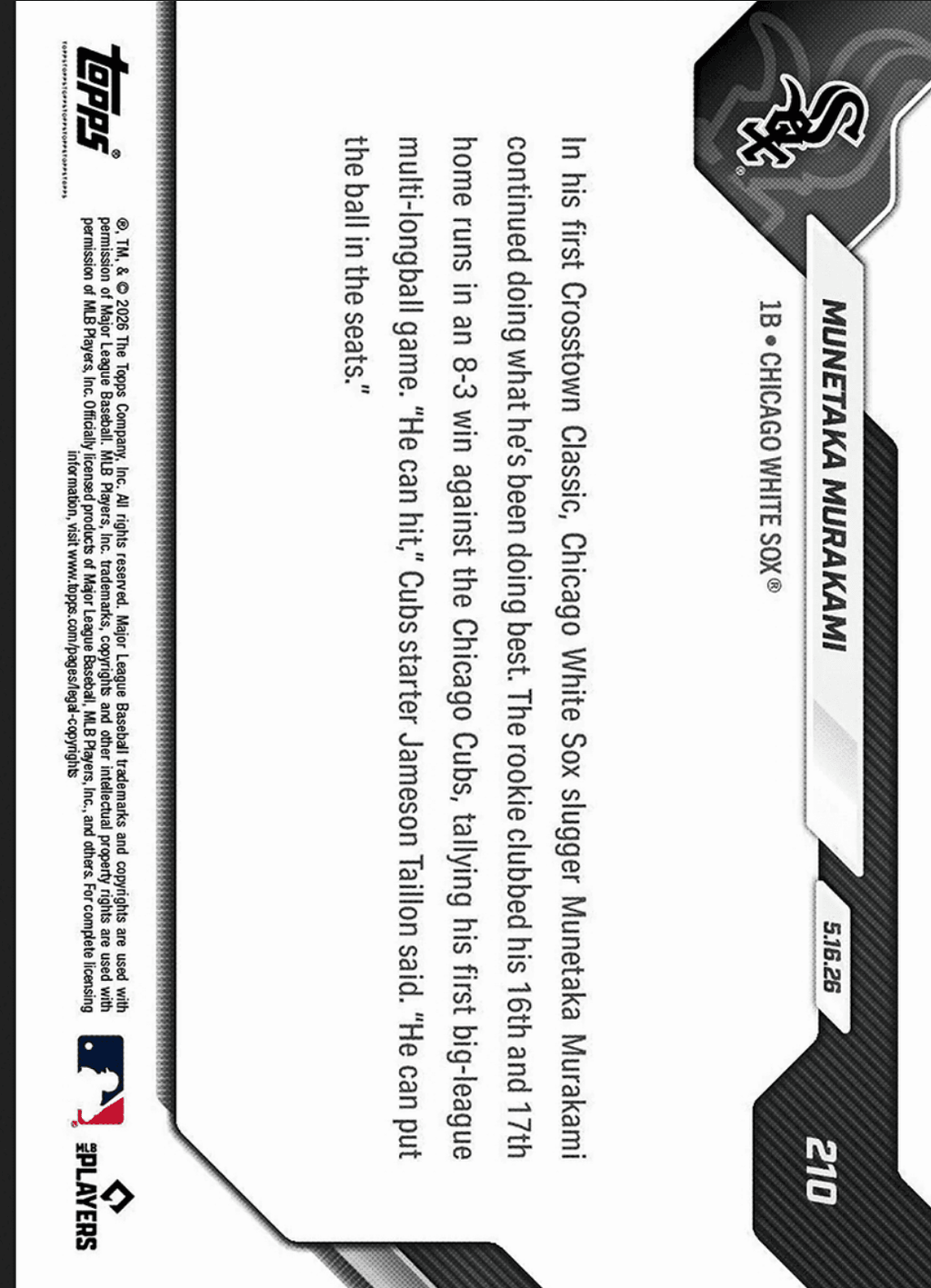 2026 Topps Now Munetaka Murakami #210 Gold Foil /50 1st Multi Home Run Game Comes in Rivalry Victory Chicago White Sox Rookie RC Baseball Card