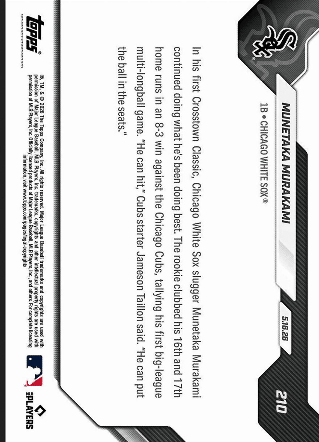2026 Topps Now Munetaka Murakami #210 Gold Foil /50 1st Multi Home Run Game Comes in Rivalry Victory Chicago White Sox Rookie RC Baseball Card