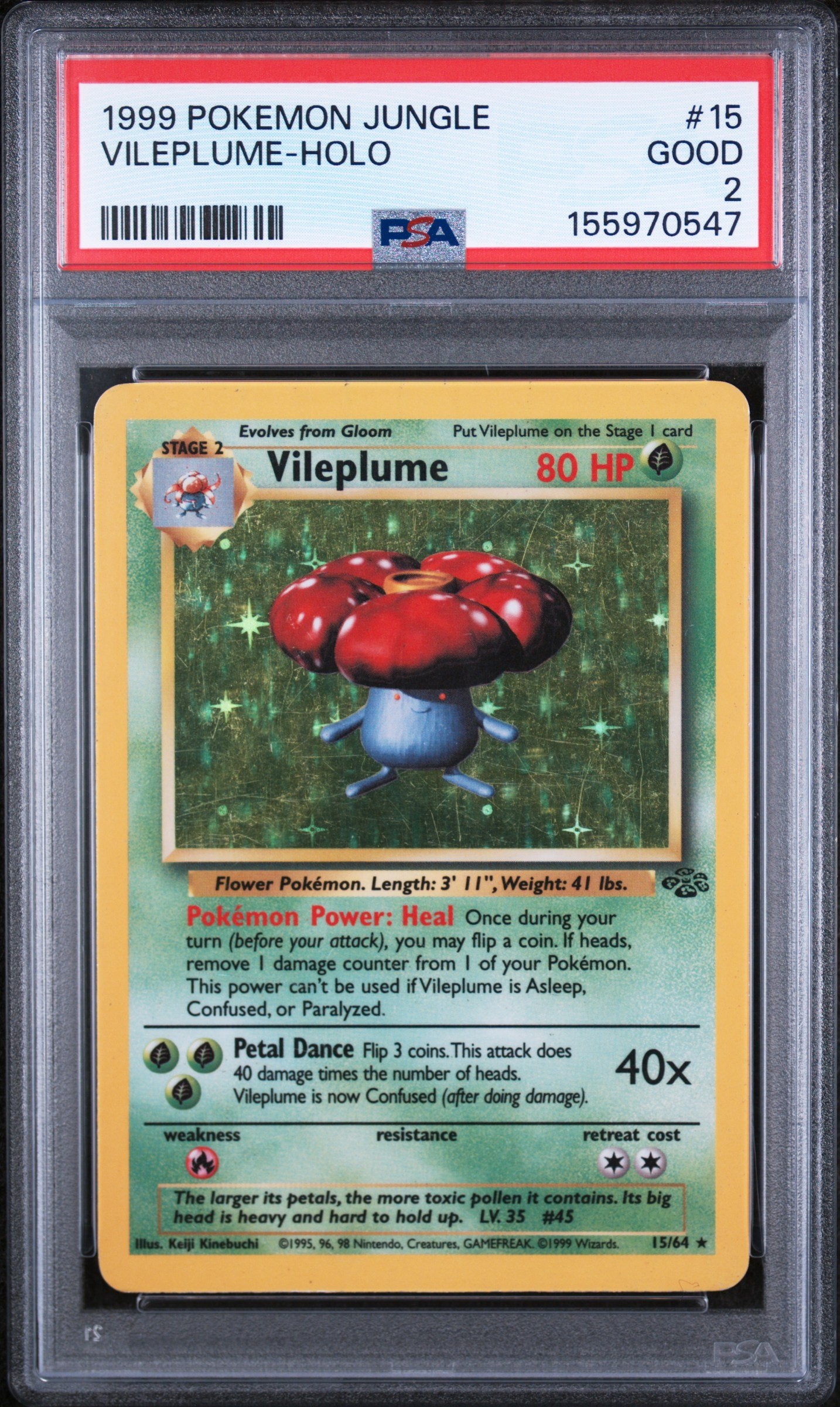 Graded 1999 Pokemon Jungle Vileplume-Holo #15 Trading Card Game PSA 2 Good
