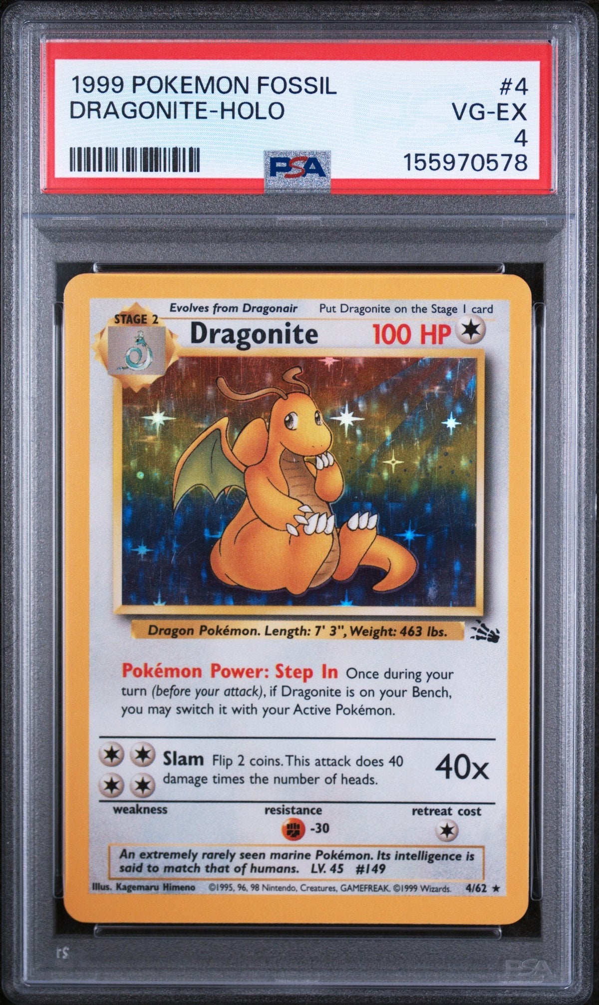 Graded 1999 Pokemon Fossil Dragonite-Holo #4 Trading Card Game PSA 4 Very Good