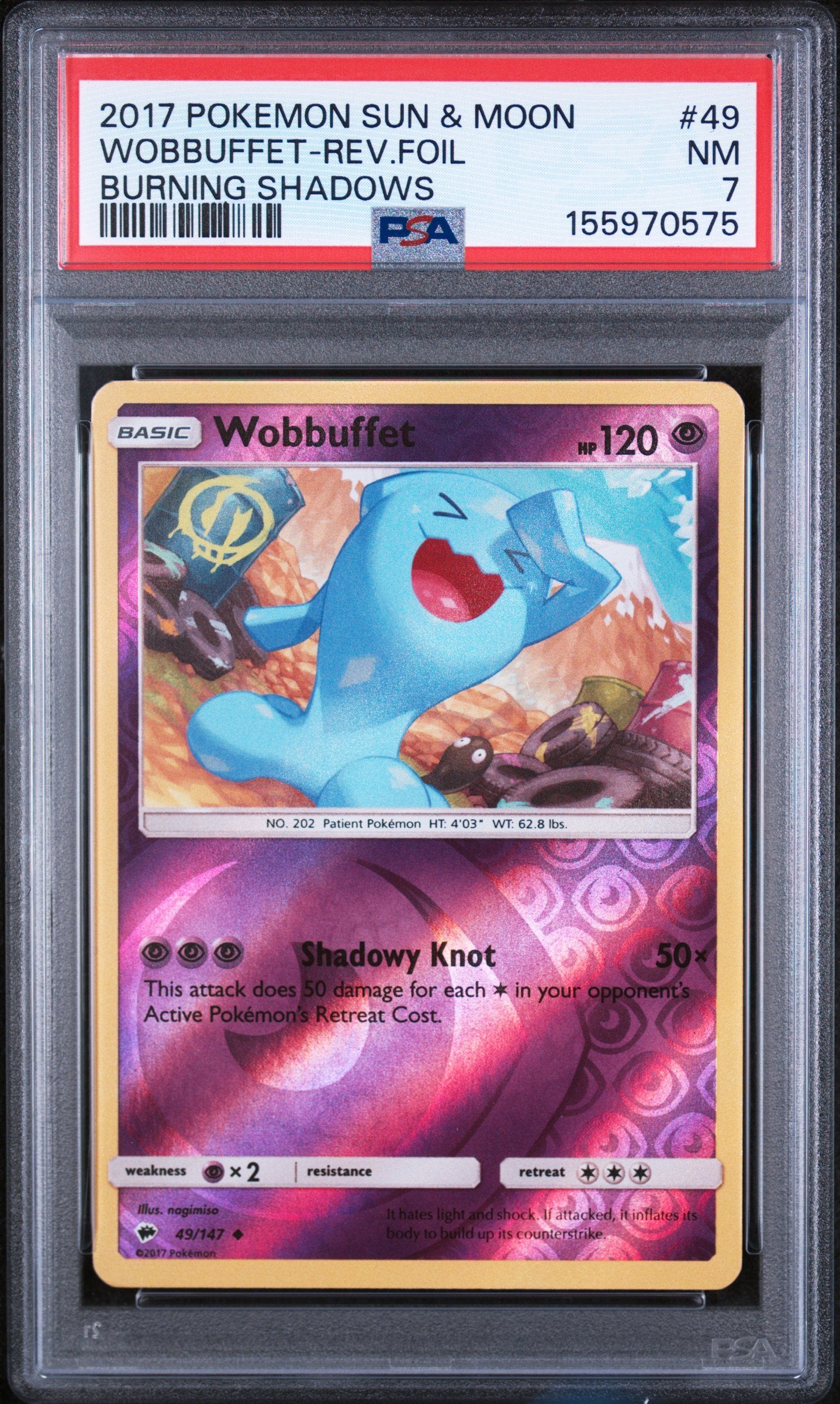 Graded 2017 Pokemon Sun & Moon Burning Shadows Wobbuffet-Rev.Foil #49 Trading Card Game PSA 7 Near Mint